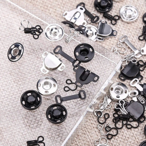 50 Pairs Hook And Eye Set For Sewing, metal latches, press studs, assorted styles, black and silver copper fasteners kit.