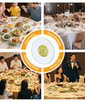 Collage showcasing 360 Degree No Fuss Silent Spin Glass Table Tray With 0.47 Inch Thick Round Top at various elegant dining settings.