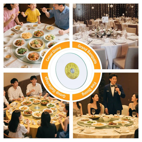 Collage showcasing 360 Degree No Fuss Silent Spin Glass Table Tray With 0.47 Inch Thick Round Top at various elegant dining settings.
