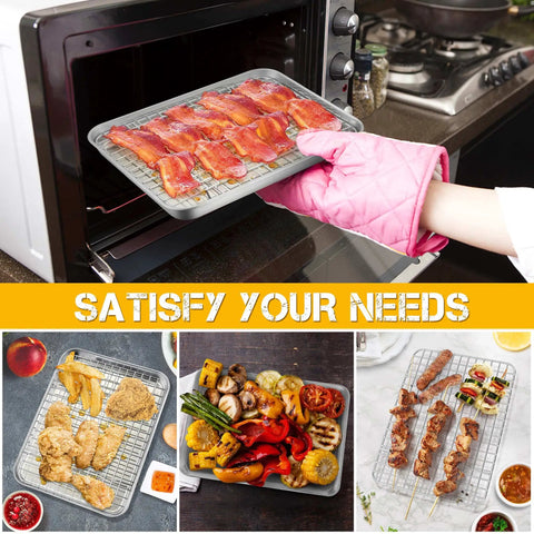 Stainless Steel Toaster Oven Pan With Rack Set Durable 9 Inch Baking Tray And Grid Cooling Rack cooking various foods.