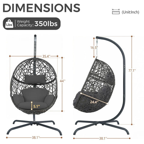 Swing Egg Chair With Stand Bird Cage Patio Hanging Chair With Cushions For Indoor Outdoor Use All Weather 350 Lb Capacity Big Dark Grey.