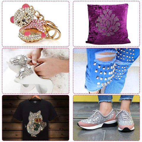 Bedazzler Kit With Rhinestones And Hot Fix Gems Craft Applicator used on keychain, cushion, shoes, jeans, shirt, and decor