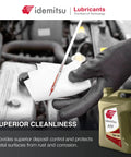 Idemitsu ATF Type HK fluid bottle beside mechanic checking transmission fluid with gloved hand on car engine