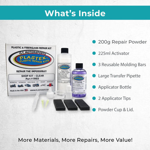 DIY Plastic Repair Kit For Fixing Broken Plastics, Fiberglass, Wood And More with powder, activator, molding bars, and accessories