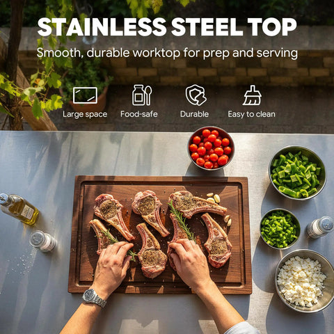 Patio-Ready Outdoor Grill Cart With Storage Cabinet And Stainless Steel Top, cutting board with meat, herbs, and vegetables