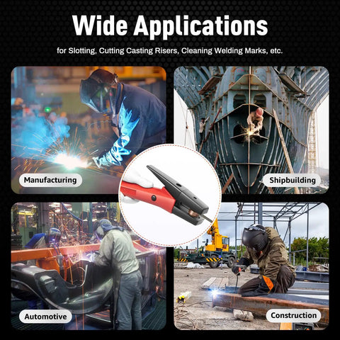 Image showing applications of Beefy 1000 Amp Carbon Arc Gouging Torch With 7 Foot Cable for manufacturing, shipbuilding, and construction.