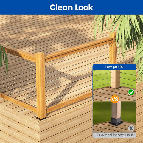 Beefy 4 Pack Wood Post Plate Connector for decks with 6 by 6 inch base plates, fits 3.5 by 3.5 to 4 by 4 posts, black