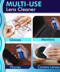 Clear View Lens Cleaner Kit with 2 blue 8oz bottles, 1oz travel spray, 3 microfiber cloths; for glasses, phones, monitors, camera lenses.