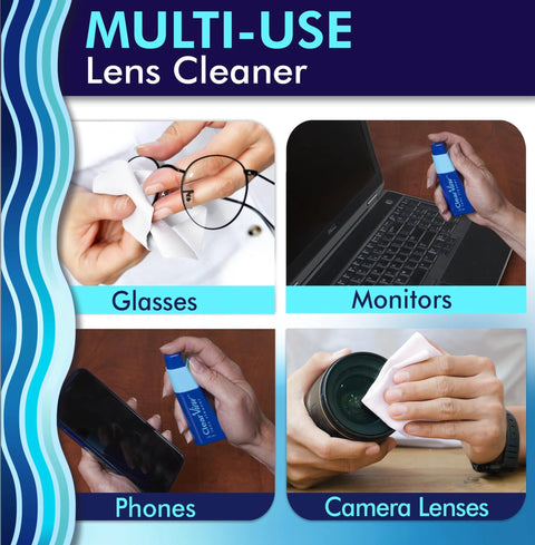 Clear View Lens Cleaner Kit with 2 blue 8oz bottles, 1oz travel spray, 3 microfiber cloths; for glasses, phones, monitors, camera lenses.