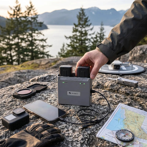A person using Portable Smart Dual Battery Charger Hub For Drones to power devices outdoors, surrounded by nature and travel gear.