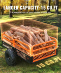 Tow Behind Dump Cart For Lawn And Garden 1500 Pound Capacity 15 Cubic Feet Heavy Duty Yard Garden Trailer loaded with logs