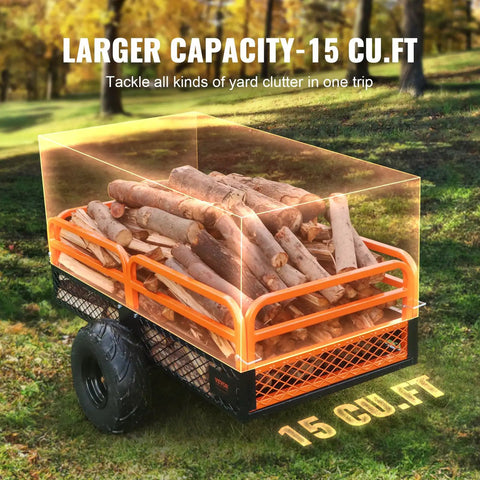 Tow Behind Dump Cart For Lawn And Garden 1500 Pound Capacity 15 Cubic Feet Heavy Duty Yard Garden Trailer loaded with logs