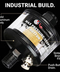 Quarter Inch Inline Air Filter And Water Separator For HVLP Spray Guns And Air Tools Compact 200 PSI Dryer Lightweight Aluminum Moisture Trap AI 304 Slim No Bulk Design showing solid aluminum body and push-button drain.