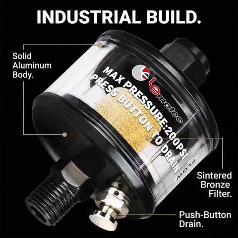 Quarter Inch Inline Air Filter And Water Separator For HVLP Spray Guns And Air Tools Compact 200 PSI Dryer Lightweight Aluminum Moisture Trap AI 304 Slim No Bulk Design showing solid aluminum body and push-button drain.