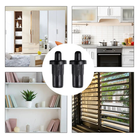 No Sweat Cabinet Door Repair Pins 36 Pc Plastic Damper Pivot Rods With Spring Loaded Axis For Kitchen Furniture Quick Fixes Black displayed in furniture settings.