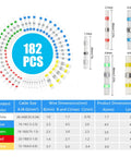 Solder Seal Heat Shrink Wire Connectors 182 Pieces Assorted Kit In Five Colors with sizes, dimensions, and specifications.
