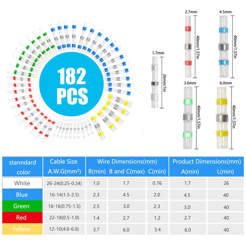 Solder Seal Heat Shrink Wire Connectors 182 Pieces Assorted Kit In Five Colors with sizes, dimensions, and specifications.