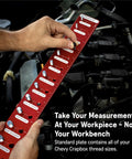 Hand using Identibolt Pro Thread Checker With Magnetic Wall Mount For Quick Nut And Bolt Identifier Gauge near engine