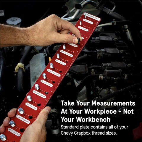 Hand using Identibolt Pro Thread Checker With Magnetic Wall Mount For Quick Nut And Bolt Identifier Gauge near engine