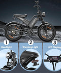 20 Inch Fat Tire Electric Bike For Adults With 1500 Watt Peak Motor Removable 48V 15Ah Battery Up To 60 Mile Pedal Assist Range And 28 MPH Top Speed For Off Road Dirt Trails And City Commuting with headlight, warning light, and LCD display features.