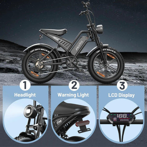 20 Inch Fat Tire Electric Bike For Adults With 1500 Watt Peak Motor Removable 48V 15Ah Battery Up To 60 Mile Pedal Assist Range And 28 MPH Top Speed For Off Road Dirt Trails And City Commuting with headlight, warning light, and LCD display features.