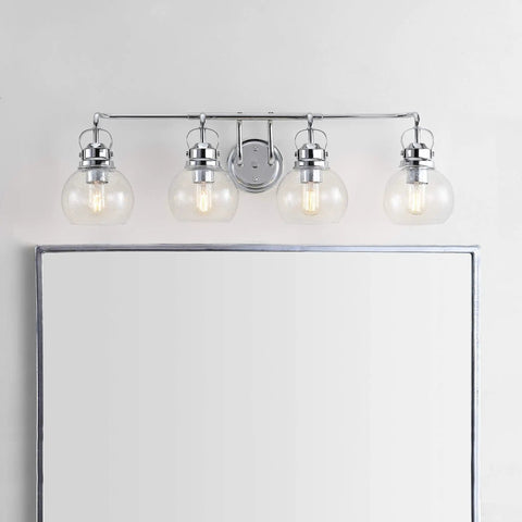 34 Inch Chrome Shirley 4 Light Vanity Light With Metal Wall Sconce And Clear Seeded Glass Shade mounted above mirror