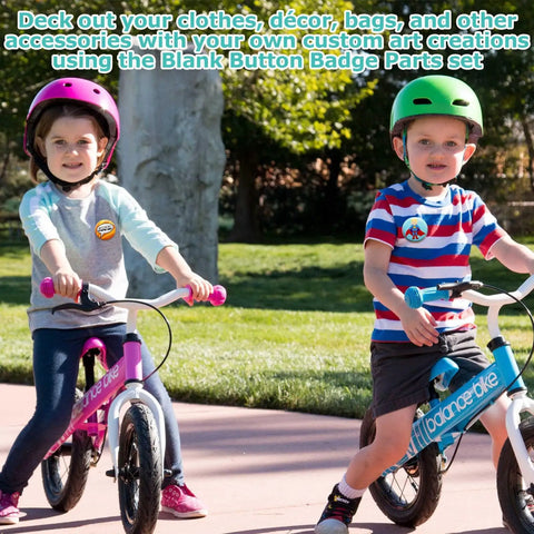 Two children with bikes wearing custom badges made with 800 Piece Button Maker Supplies Kit For DIY Badge Makin Round 32mm 1.25 Inch Badges Includes Blank Pin Backs Metal Covers Clear Film And Blank Paper.