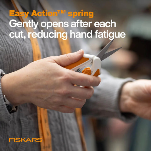 Person using Micro Tip Spring Assisted Scissors For Precision Fabric Cutting With Stainless Steel Blades And Comfort Handle