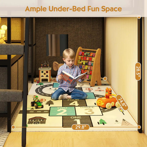 Low Loft Bed For Kids With Seven Storage Drawers And Built In Bookcase Twin Size Space Saving 14 Inch Guardrail Inclined Ladder LED Lights Under Bed Play Space Heavy Duty Steel Slat Support Gray with under-bed play area