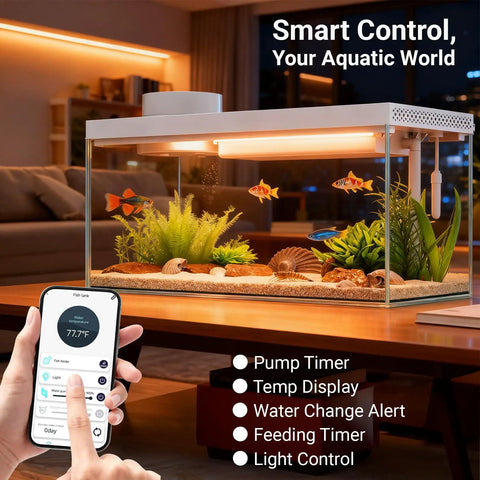 Top Tier Ready Slick Desktop Aquarium Kit With Smart App Control And Built In Auto Feeder 1.3 Gallon Small Fish Tank with plants.