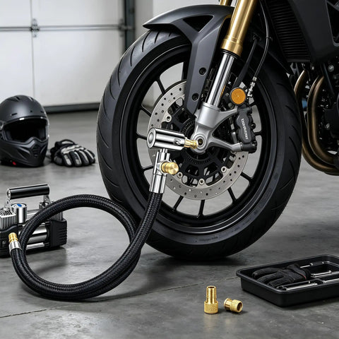 Heavy Duty 20 Inch Tire Inflator Hose With Self Locking Air Chuck Quick Release Button Fits Compressor Tools In Tight Spaces Support Schrader And Presta Valve Threads For Filling Jobs On Ride No Sweat Required For Daily Grind, braided hose on motorcycle wheel
