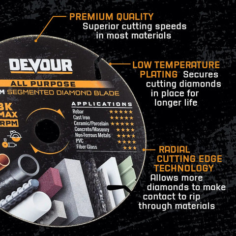 4.5 Inch Diamond All Purpose Blade For Grinders And Small Saws Heavy Duty Ultra Durable Long Lasting Cut Through Metal Concrete Tile Granite Fiber Cement Laminate PVC Made In USA, product features visible on blade surface