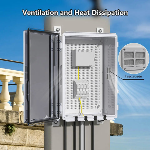 Rugged Outdoor Ready Ventilated ABS Electrical Junction Box With IP65 Waterproof Enclosure open view showing ventilation and insect screen, mounted on pole.
