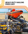Image of rubber boat and ATVs secured with Retractable Ratchet Tie Down Strap One Point Five Inch By 20 Foot Heavy Duty.