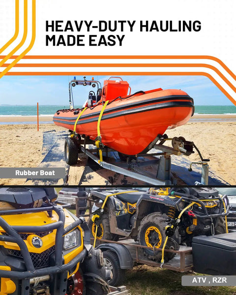 Image of rubber boat and ATVs secured with Retractable Ratchet Tie Down Strap One Point Five Inch By 20 Foot Heavy Duty.