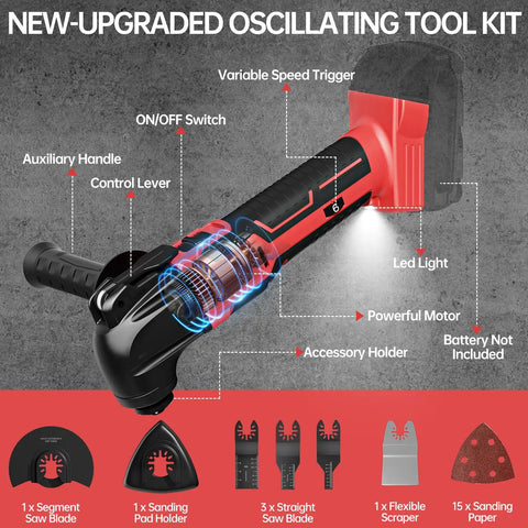 Heavy Duty Brushless Motor Cordless Oscillating Multi Tool Compatible With 18V Batteries zoomed view, showing features like variable speed trigger and accessory holder.
