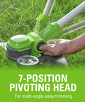 Real Deal Twenty Four Volt Twelve Inch Cordless String Trimmer And Two In One Lawn Edger with 7-position pivoting head in grass.
