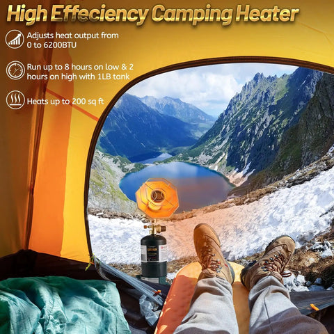 Portable Propane Heater 6200 BTU For Outdoor Camping And Hunting With Windproof Lighter Cordless Gas Heater For Tents Fishing Trips And Outdoors Safe Outdoor Use Tank Not Included displayed inside tent