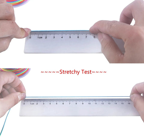 Hands holding ruler and 1.0mm stretchy beading cord for pony beads kandi bracelets and DIY jewelry mixed colors 50 yards per spool