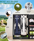 Birch Plywood Golf Bag Storage For Two Bags With 36Lb Rock Solid Organizer And 7 Shelf Command Center Plus Artificial Turf 12 Ball Display No Wall Mounting Needed Black in a room setup with golf accessories and two golf bags.