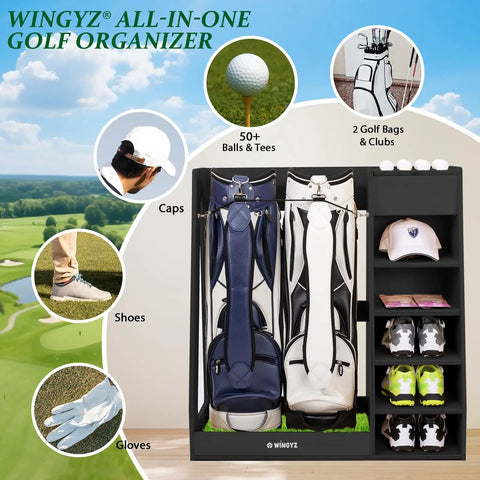 Birch Plywood Golf Bag Storage For Two Bags With 36Lb Rock Solid Organizer And 7 Shelf Command Center Plus Artificial Turf 12 Ball Display No Wall Mounting Needed Black in a room setup with golf accessories and two golf bags.
