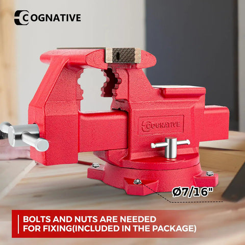 Beefy Heavy Duty 6.5 Inch Bench Vise With Anvil, ductile iron body, 360-degree swivel, red powder coat, mounted on table