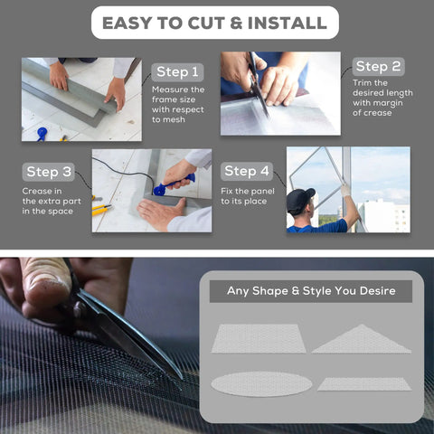 Steps to cut and install Rugged Stainless Steel Wire Mesh Screen 50x120 Inches Plain Weave 30 Mesh window screen with scissors and trim diagrams