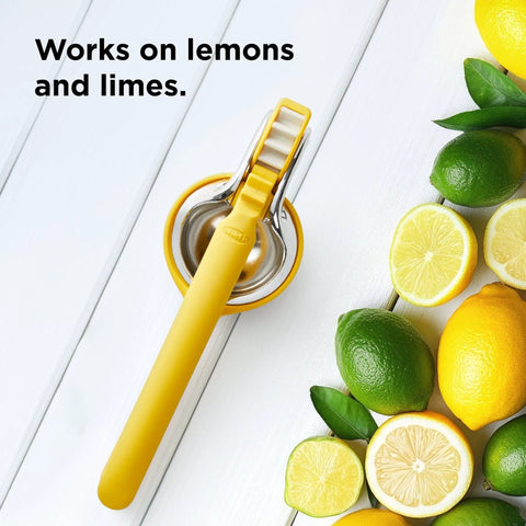 No Fuss Lemon Squeezer Citrus Juicer With Dual Gear Power Manual Hand Press next to lemons and limes on a white surface.