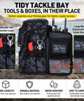 Fishing Tackle Backpack With Rod Holders For Anglers 42L Waterproof Gear Bag front view with storage compartments