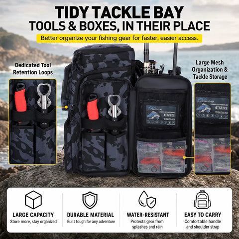 Fishing Tackle Backpack With Rod Holders For Anglers 42L Waterproof Gear Bag front view with storage compartments