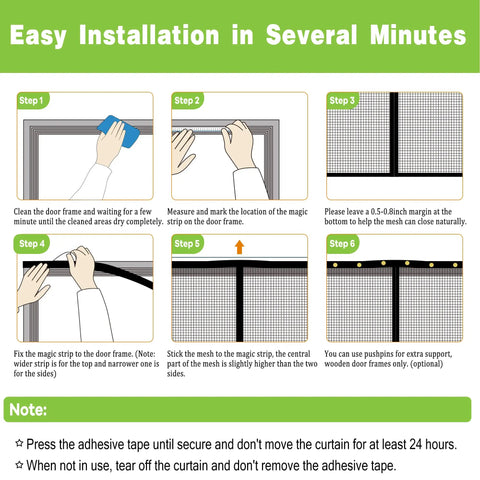 Easy installation steps for Magnetic Heavy Duty Fiberglass Garage Door Screen For Two Car Garage 16x7 Ft shown in diagram.