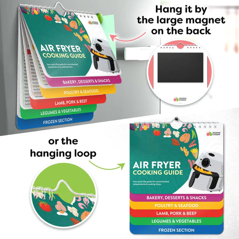 Air Fryer Cheat Sheet Magnet And Quick Reference Guide With 120 Plus Foods Across Five Categories Timers And Temps For Meats Veggies Snacks Legumes And Frozen Foods The Ultimate Beginner Gift In 2026 displayed with hanging options.