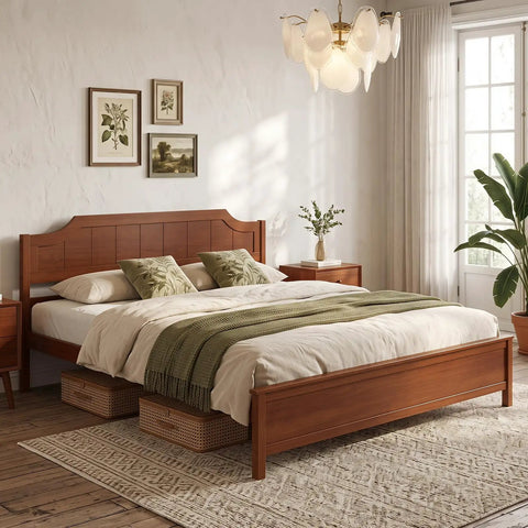King Size Wooden Bed Frame With Cozy Upholstered Headboard And Rock Solid Thick Wood Slat Support For Legit Bedroom Vibes And Reliable Comfort All Night Long in a well-furnished bedroom.