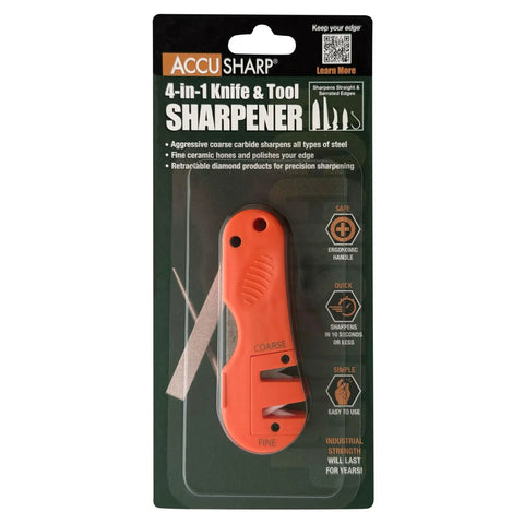 4 In 1 Knife And Tool Sharpener With Coarse Tungsten Carbide Blade, Ceramic Rod And Retractable Diamond Tapered Rod For Knives, Fish Hooks And Tools Orange Outdoorsman Gear For Camping And Fishing